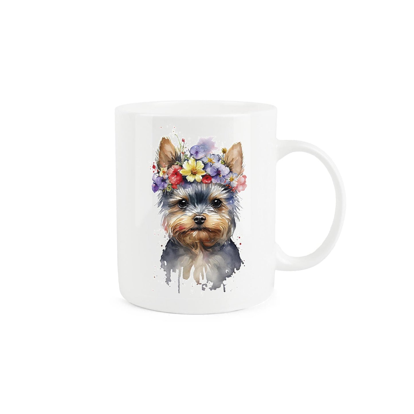 White bone china mug featuring adorable Yorkie dog design with a crown of flowers. 