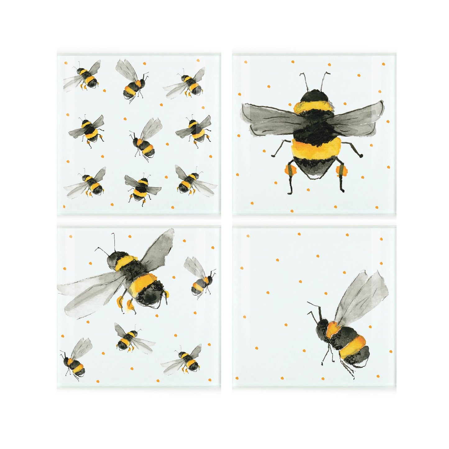 Four tempered glass coasters featuring 4 different watercolour bee and yellow dot designs