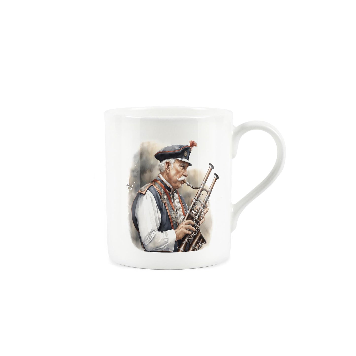 White bone china mug featuring man playing brass instrument 