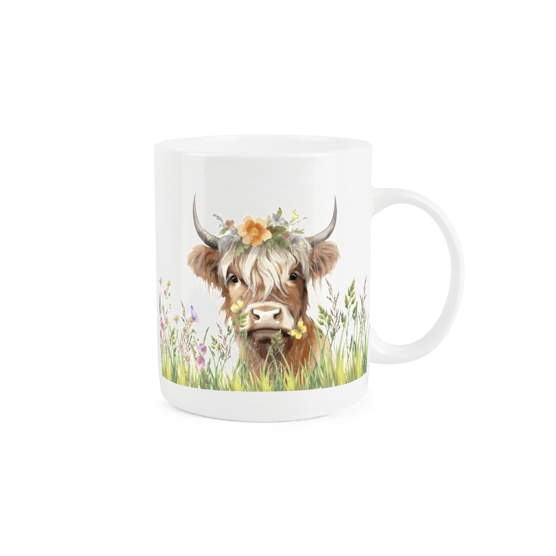 White bone china mug featuring adorable blonde-haired highland cow design with a floral crown. 