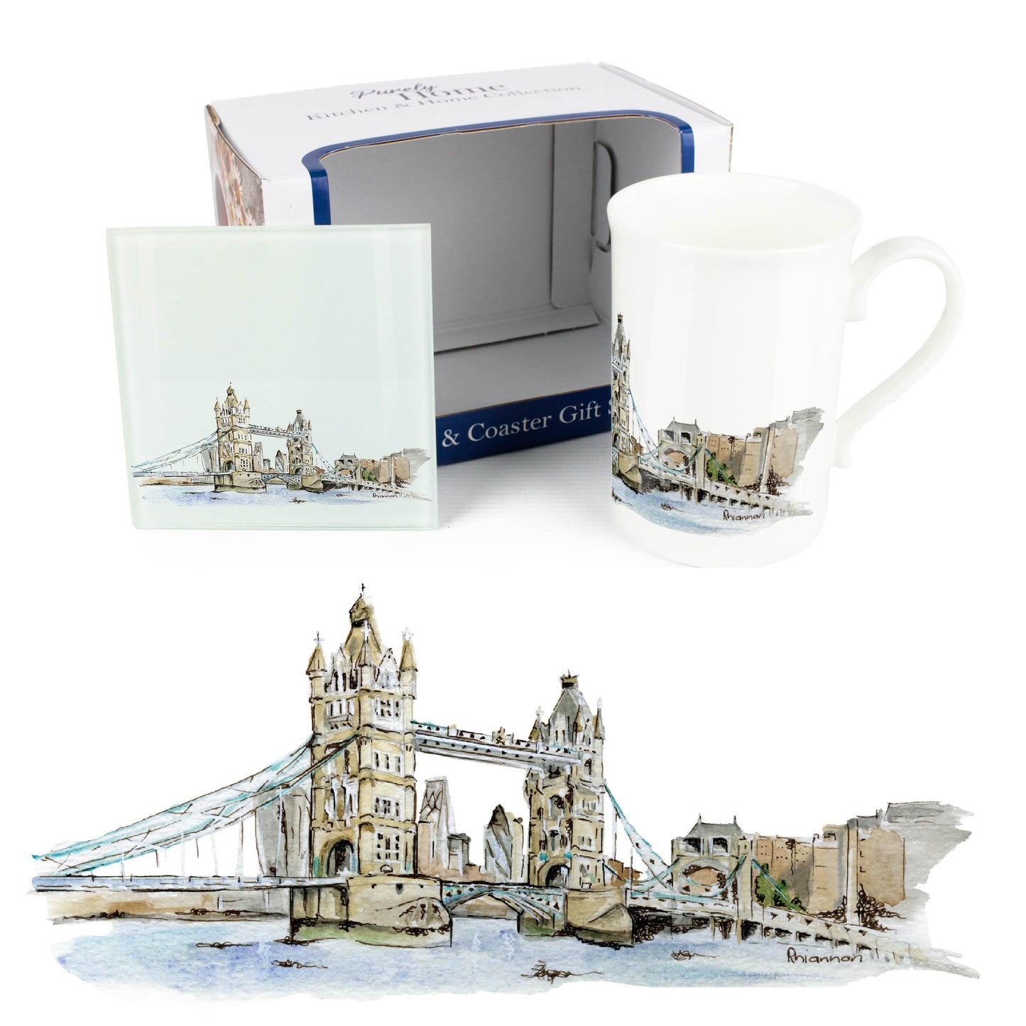 Tower Bridge Mug & Coaster Gift Set by Rhiannon Chauncey