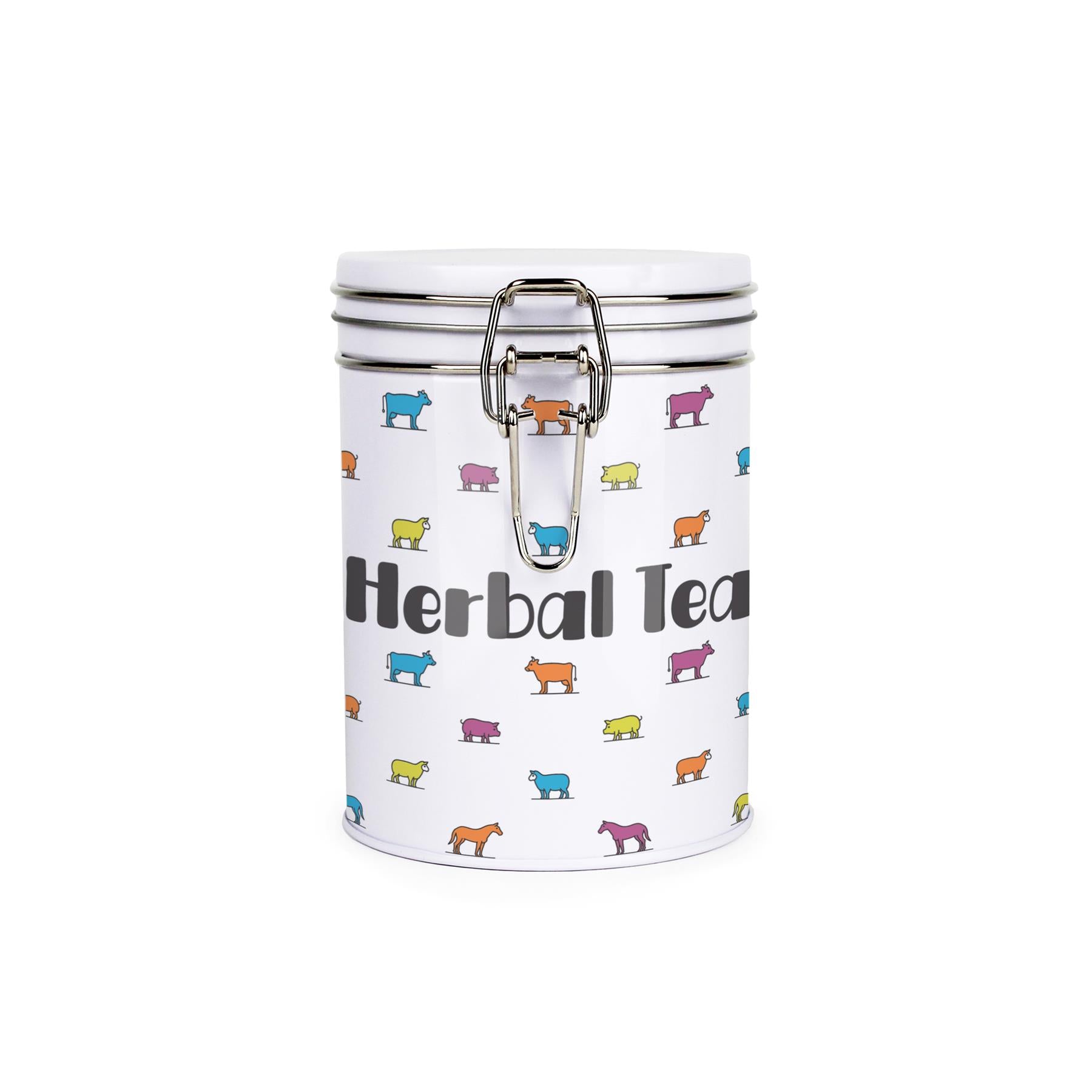 White tinplate canister with metal clip and lid featuring a colourful farm animal design and herbal tea text