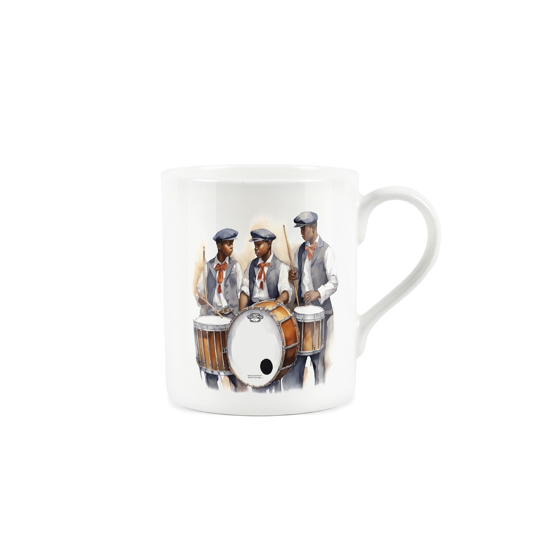 Painted depiction of smartly dressed boys playing drums 