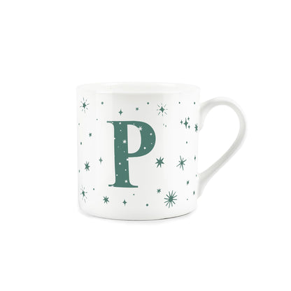 White bone china mug with green stars and letter 'P' alphabet design 
