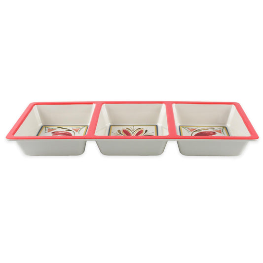 Rustic 3-section melamine serving tray with bold Mediterranean design. Break-resistant, ideal for serving cold meats, cheeses, chips, and dips.