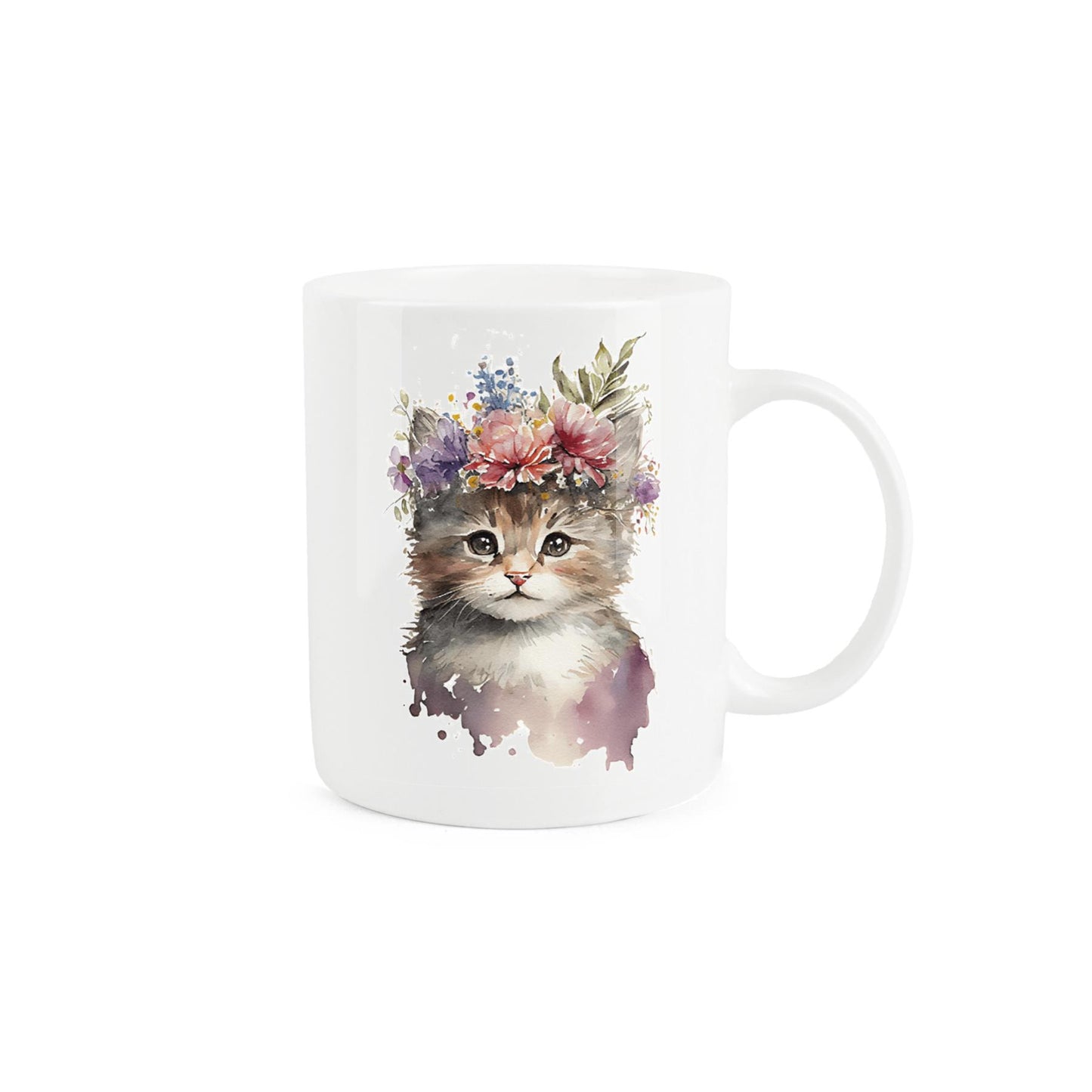 White bone china mug featuring adorable tabby kitten design with a crown of flowers. 