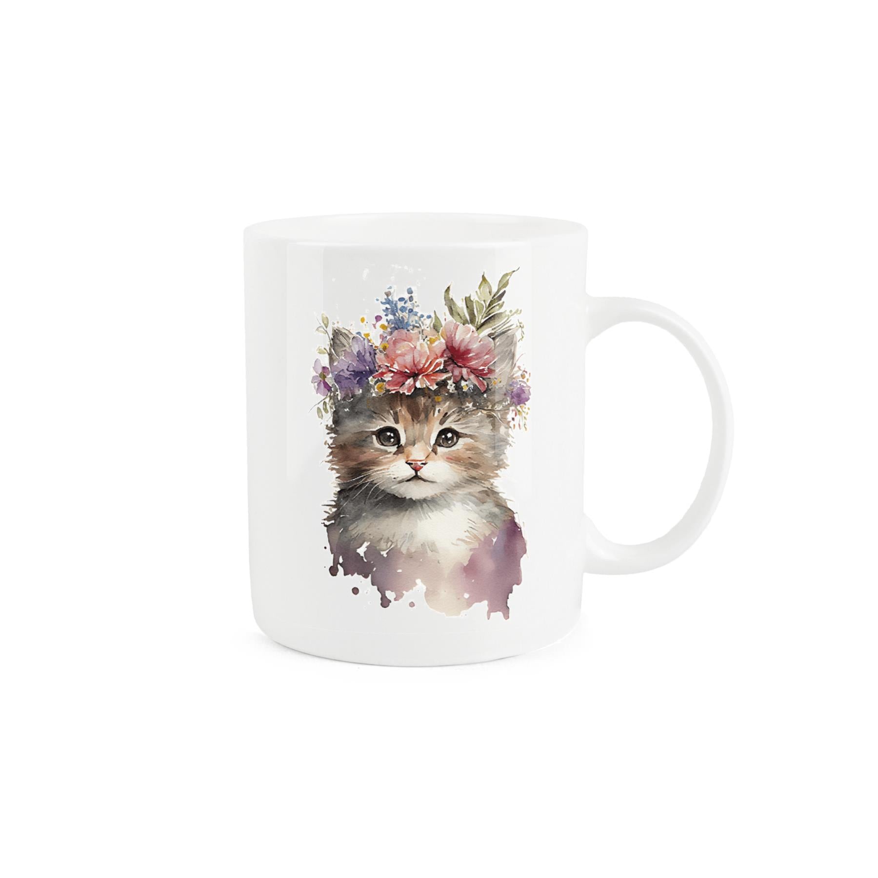 White bone china mug featuring adorable tabby kitten design with a crown of flowers. 