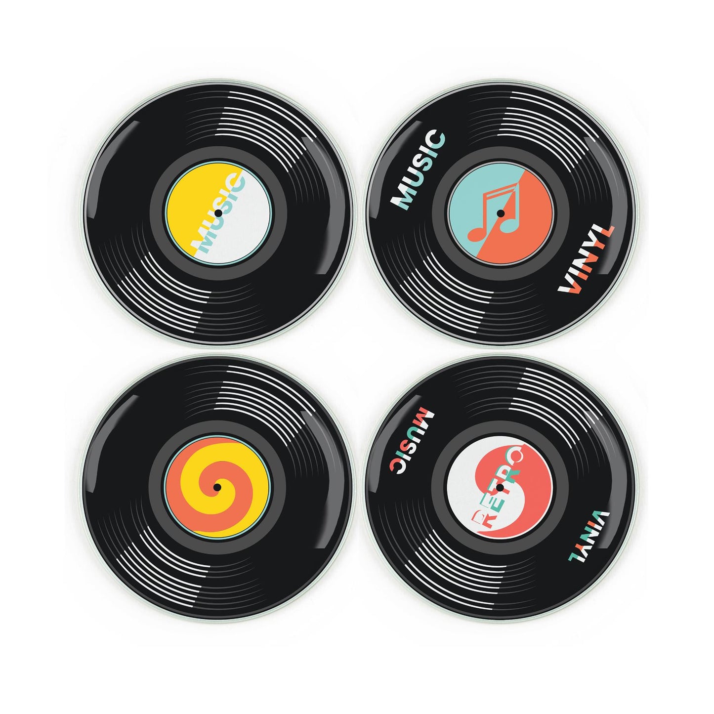 Set of four tempered glass coasters designed to look like retro vinyl records