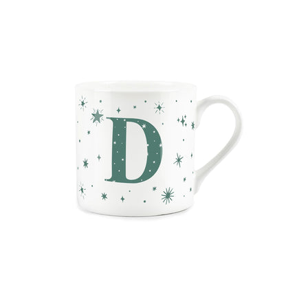 White bone china mug with green stars and letter 'D' alphabet design 