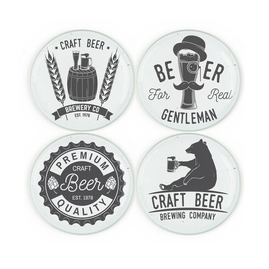 Set of four tempered glass coasters featuring various beer-themed silhouette designs  