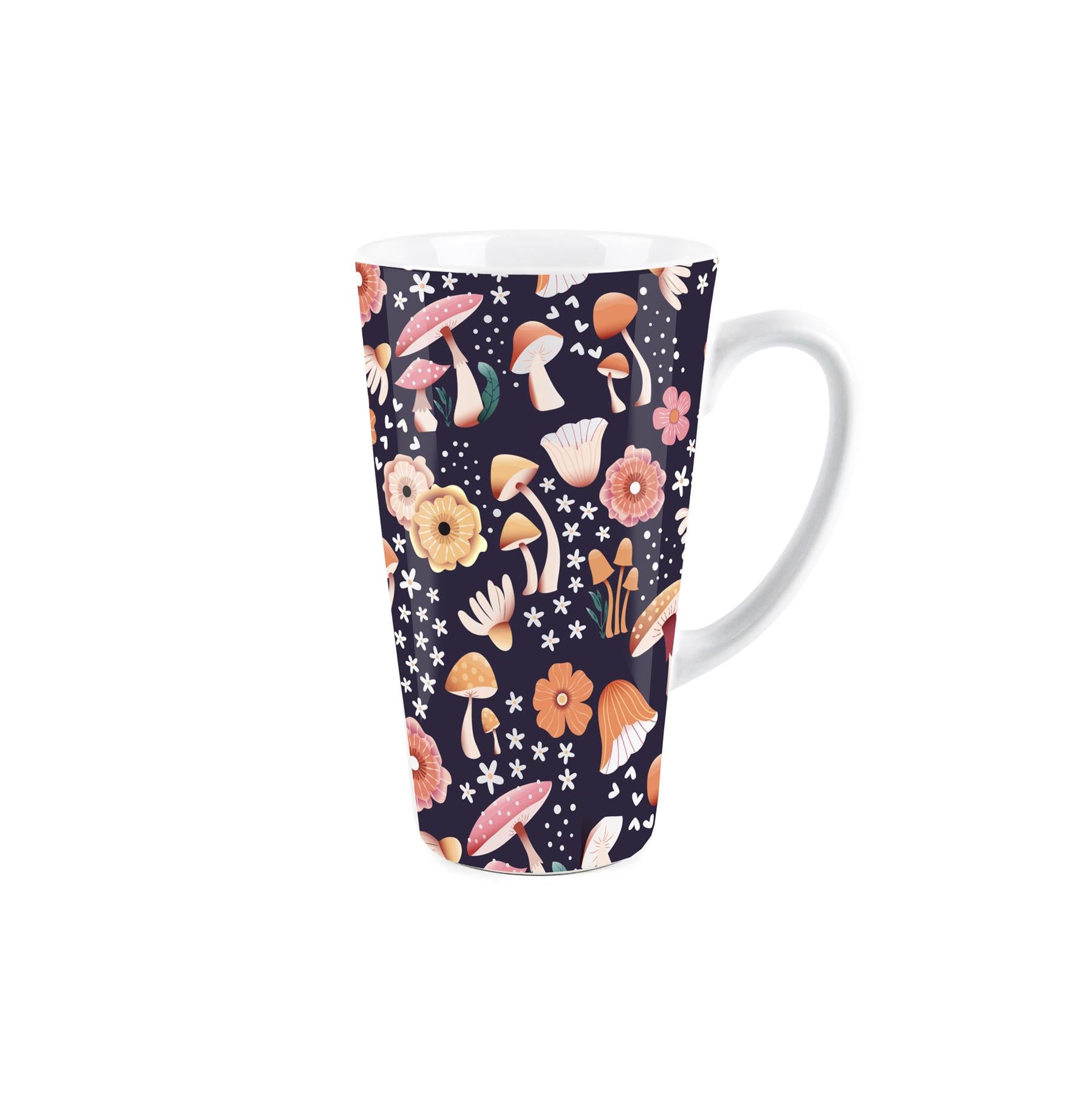Large white latte mug featuring colourful mushrooms design 