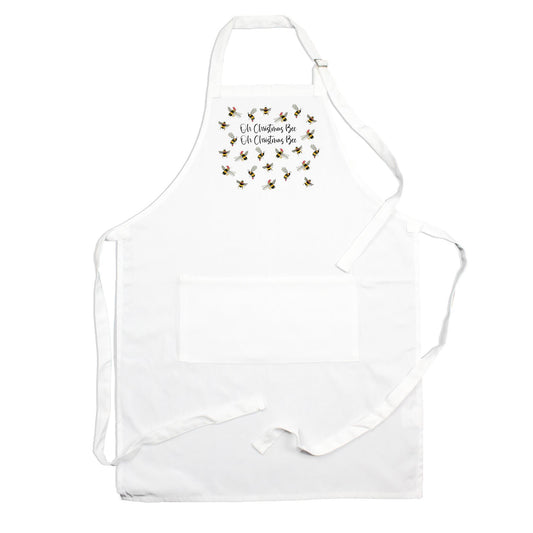 White apron feauturing christmas themed watercolour depiction of bees wearing christmas hats design above front pocket 