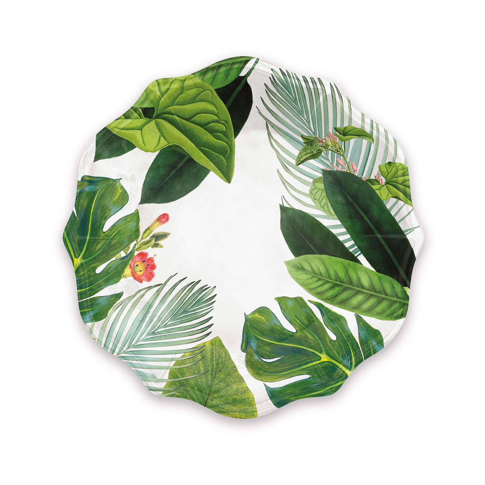 White melamine plate with various green jungle leaves and flowers printed around edges