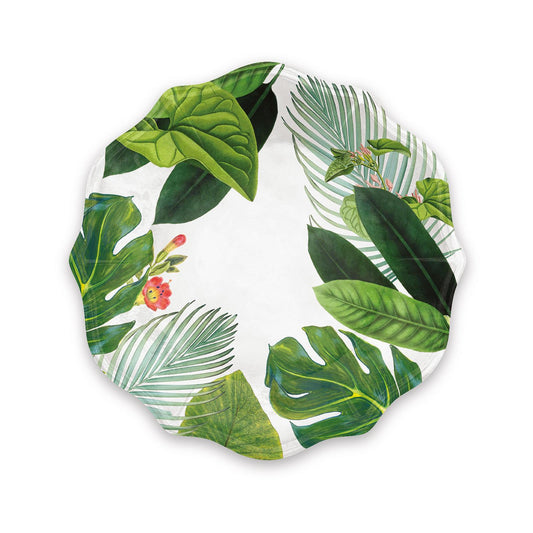 White melamine plate with various green jungle leaves and flowers printed around edges