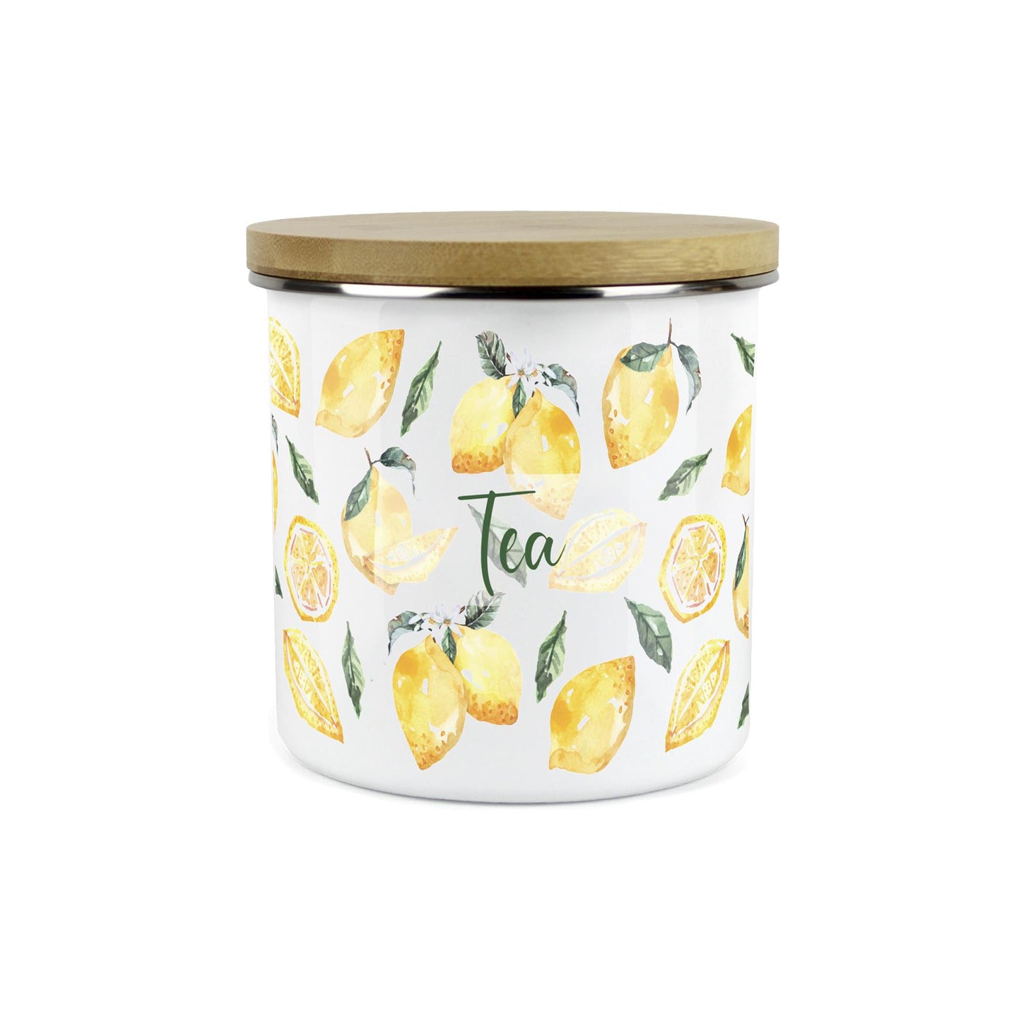Tea Storage Canister - Watercolour Lemons Enamel Kitchen Storage Jar
