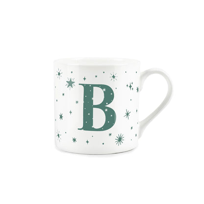 White bone china mug with green stars and letter 'B' alphabet design 
