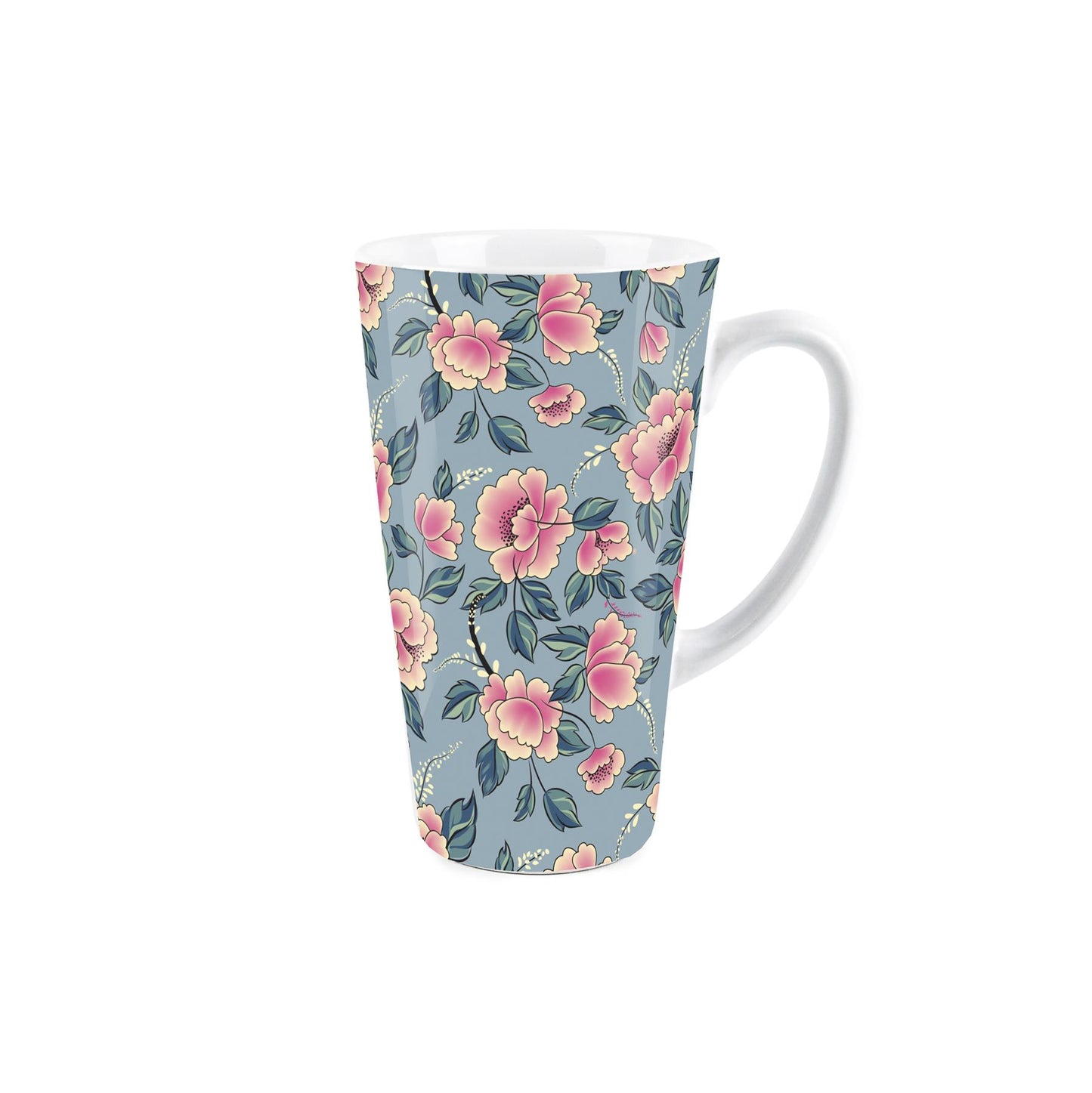 Large white latte mug featuring floral with leaves design 