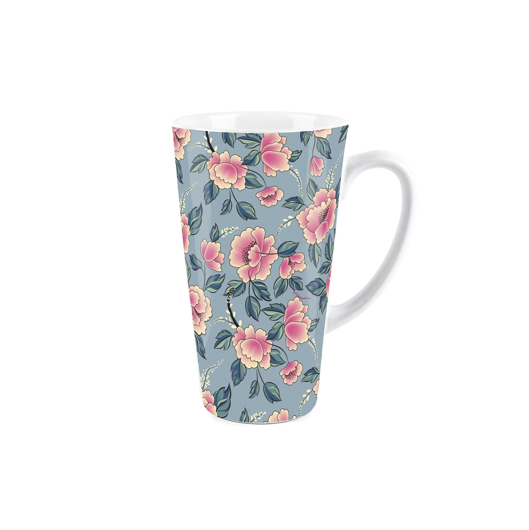 Large white latte mug featuring floral with leaves design 