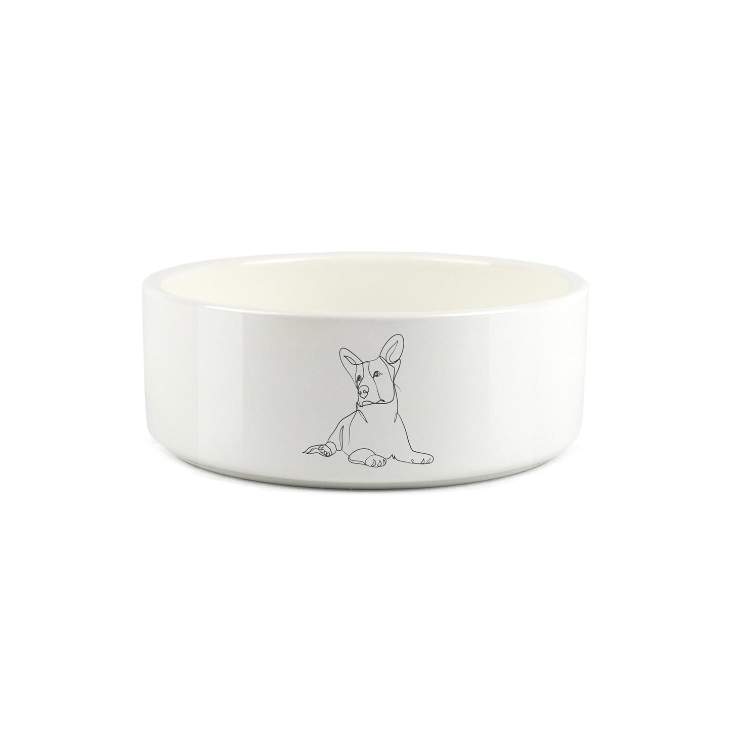 Minimalist line drawing of corgi on white ceramic pet bowl