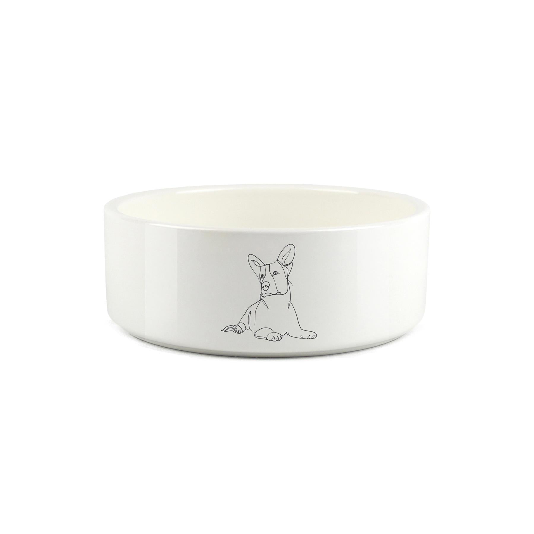 Minimalist line drawing of corgi on white ceramic pet bowl