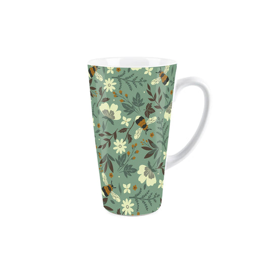 Large white latte mug featuring bees & flowers design 