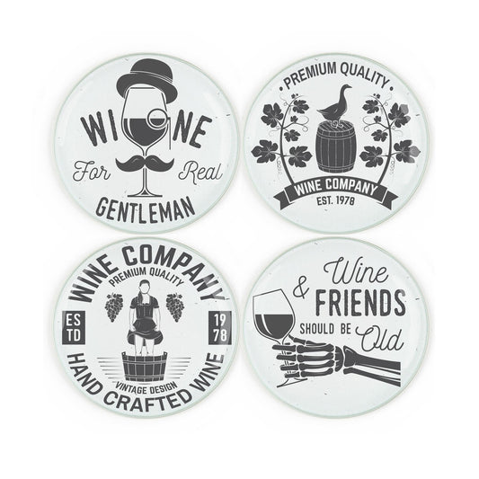 Set of four tempered glass coasters featuring various wine-themed silhouette designs  