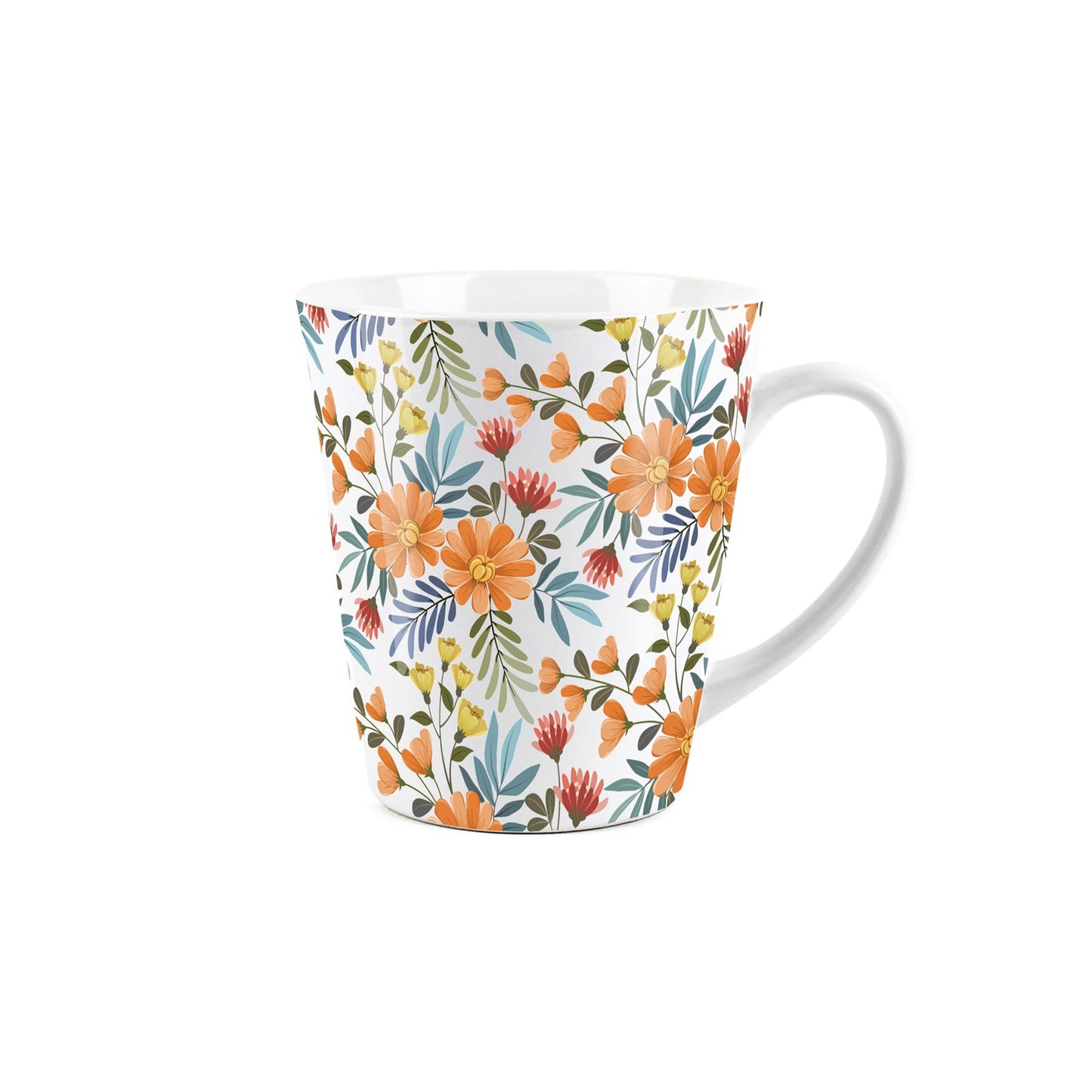 Small white latte mug featuring and orange flowers design 