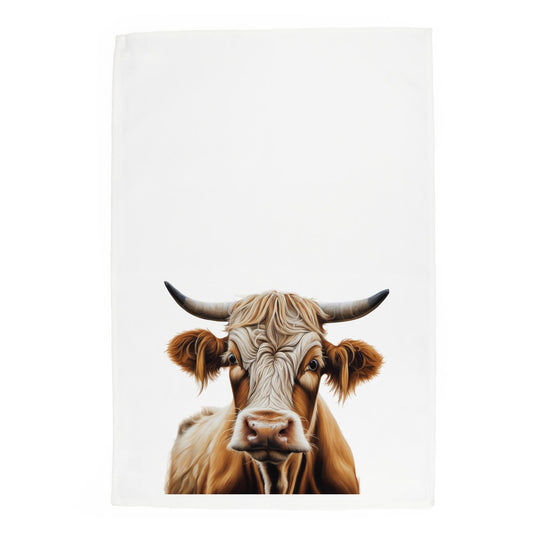 Illustrative design of highland cow printed onto bottom of white panama cotton tea towel