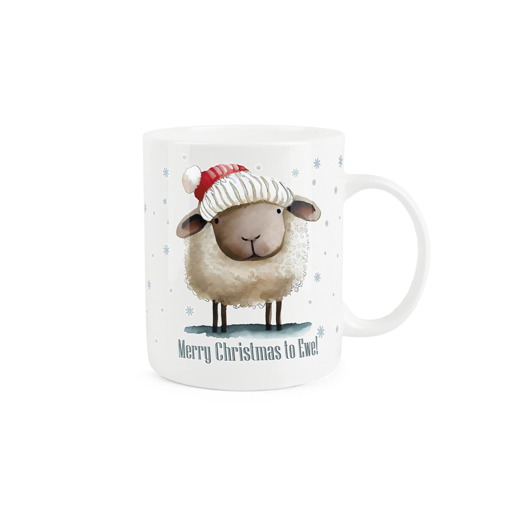 White bone china mug featuring merry christmas to ewe design 