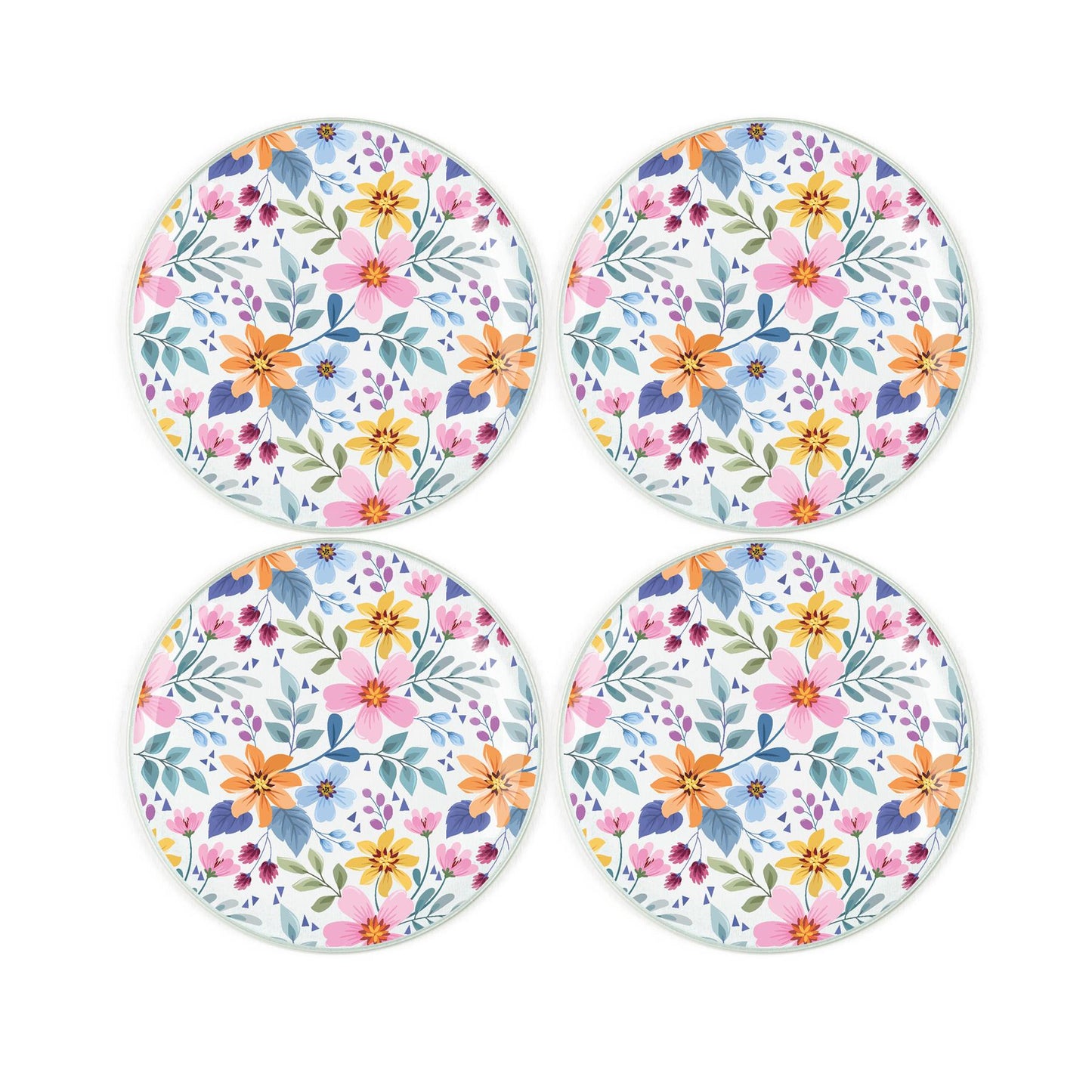 Vibrant blue and purple floral pattern design printed on four round tempered glass coasters