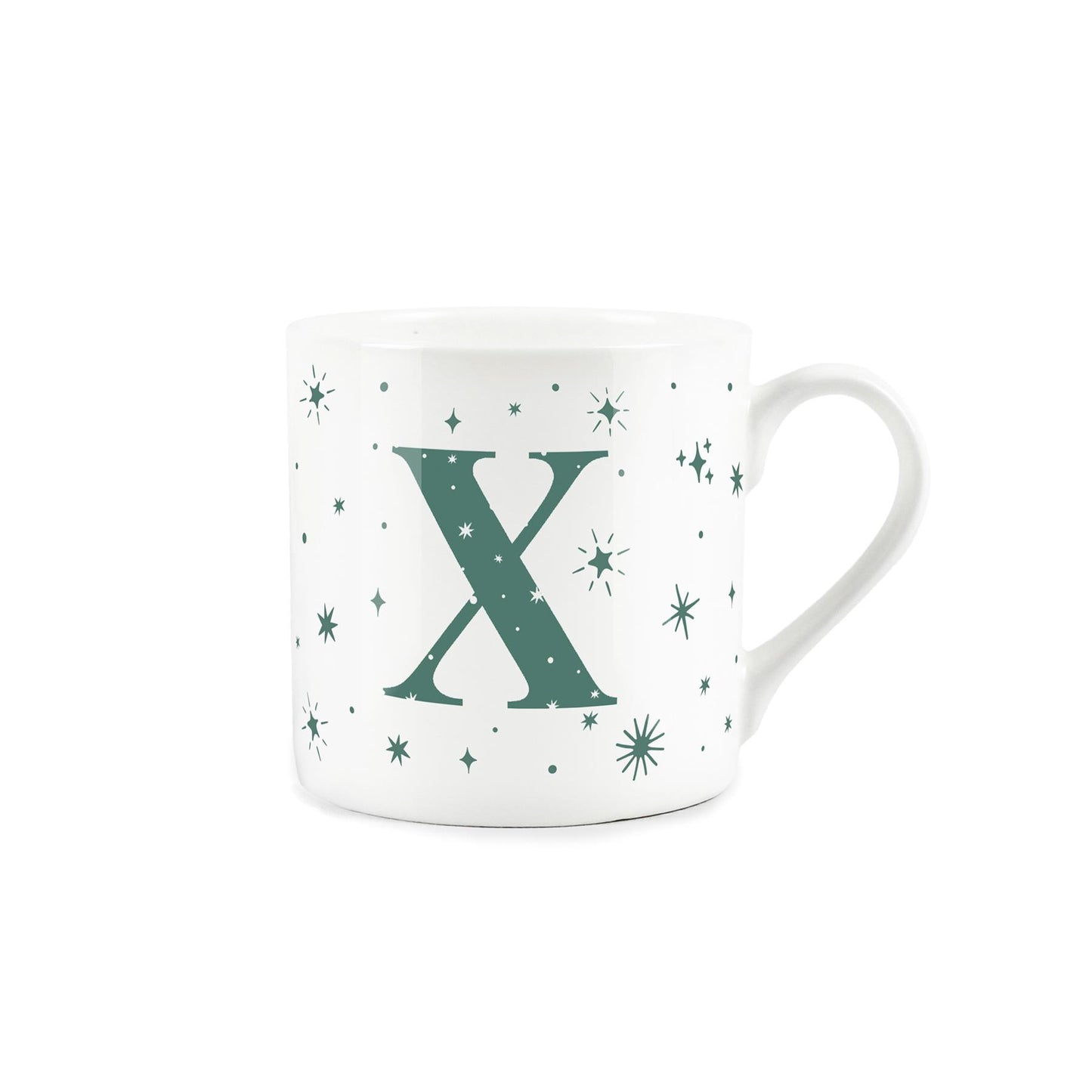 White bone china mug with green stars and letter 'X' alphabet design 