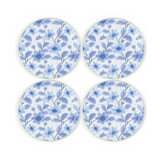 Monochrome Blue Flowers Round Glass Coasters