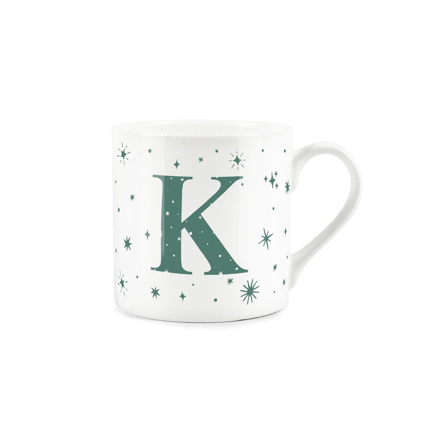 White bone china mug with green stars and letter 'K' alphabet design 
