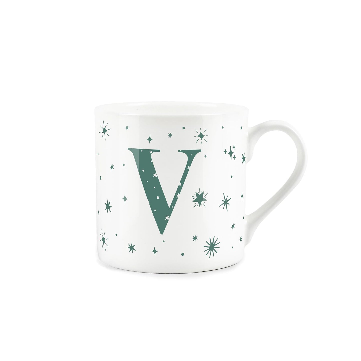 White bone china mug with green stars and letter 'V' alphabet design 