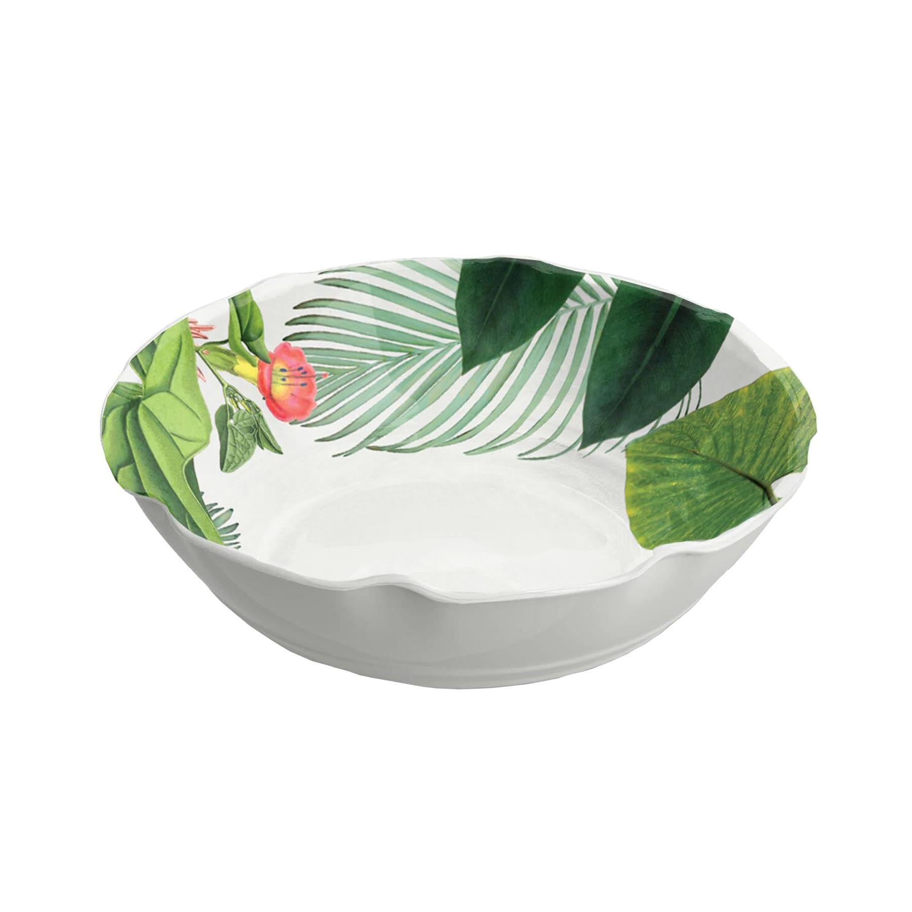 White melamine bowl featuring printed green jungle leaves and flowers design 
