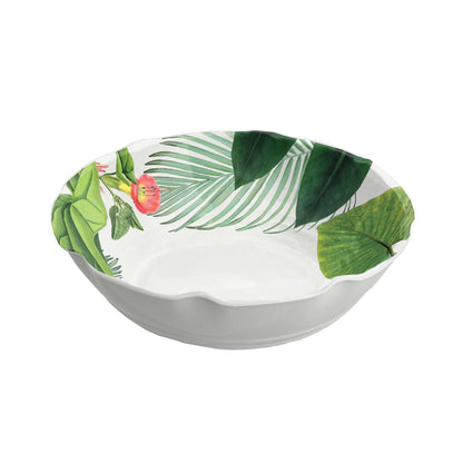 White melamine bowl featuring printed green jungle leaves and flowers design 