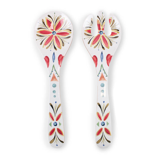 Rustic melamine salad servers with bold Mediterranean patterns. Break-resistant, ideal for serving crisp salads, pasta dishes, and paella.