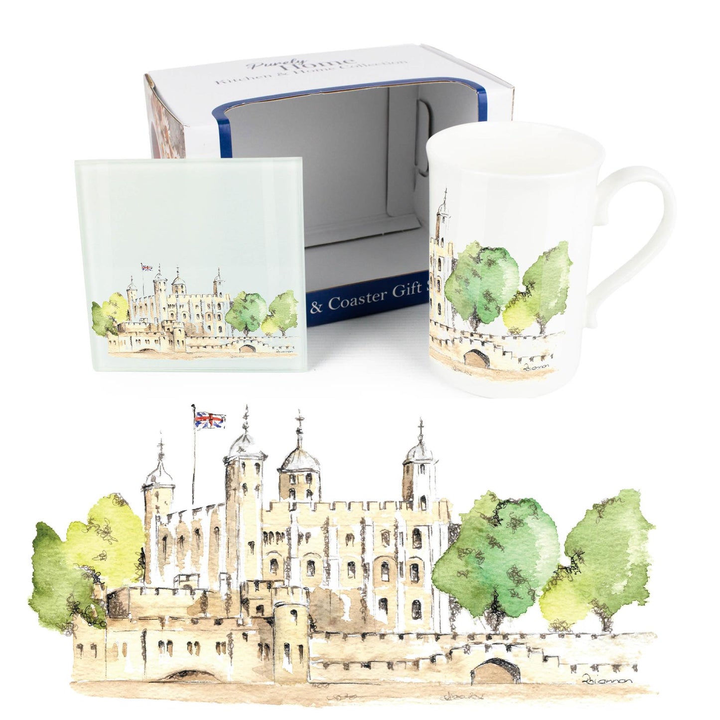 Tower of London Mug & Coaster Gift Set by Rhiannon Chauncey