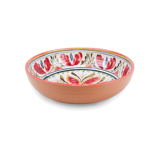 Rustic melamine low bowls with nostalgic patterns. Durable, break-resistant, dishwasher-safe. Perfect for serving salads or desserts.