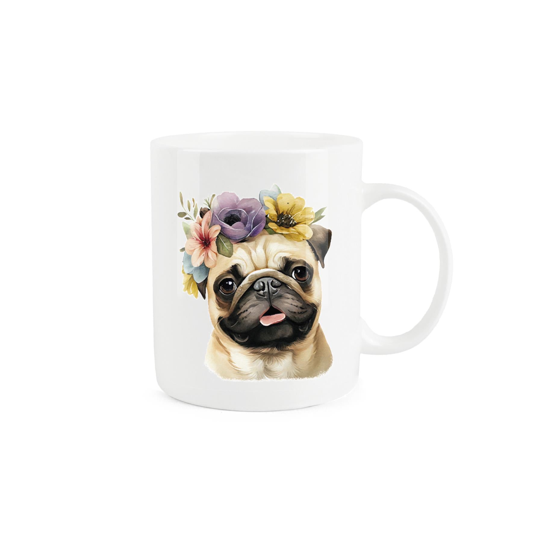 White bone china mug featuring adorable pug dog design with a crown of flowers. 