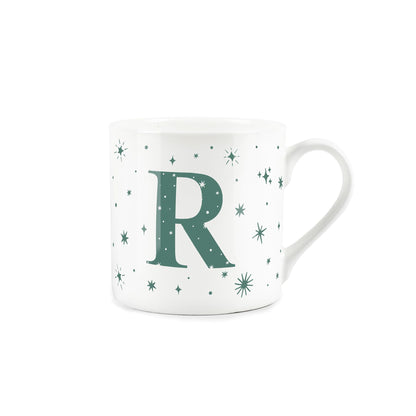 White bone china mug with green stars and letter 'R' alphabet design 
