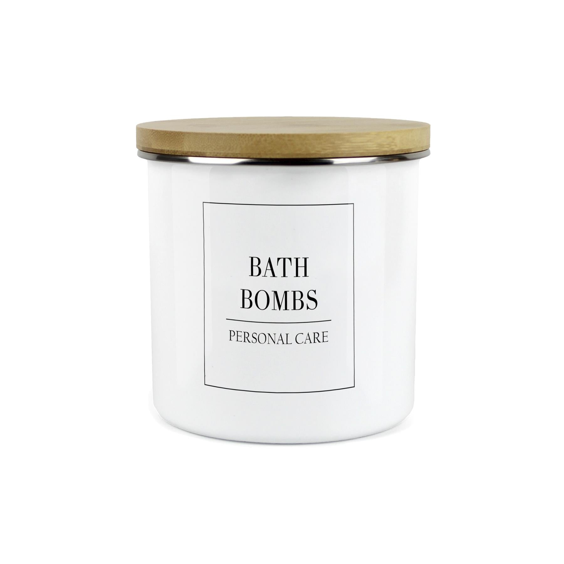 Large Metal Canister with a wooden lid and a simple text design