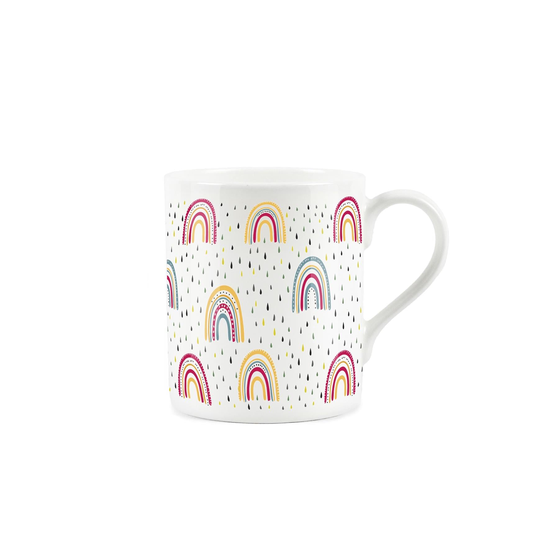 Colourful rainbow pattern presented and a white bone china mug from Purely Home. 