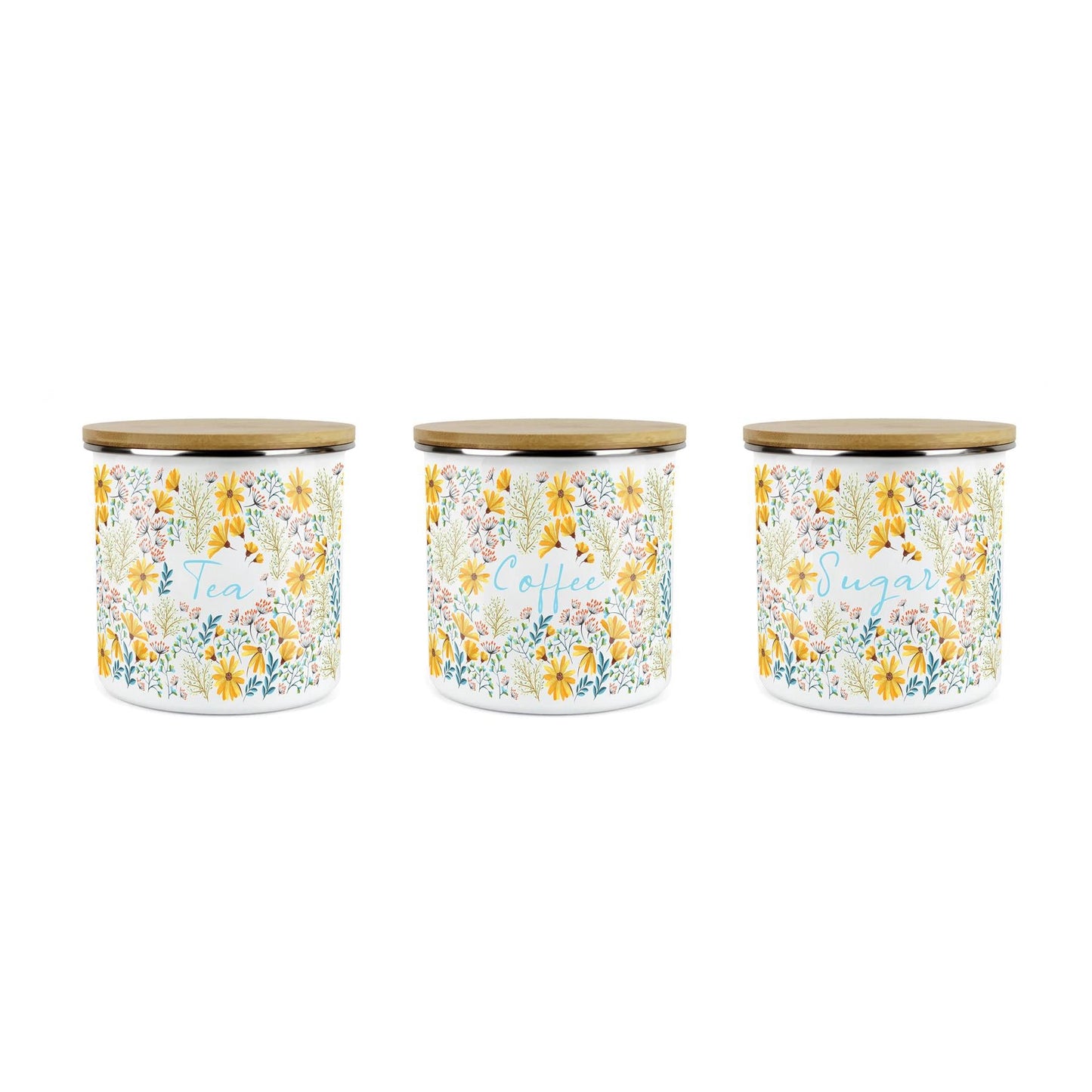 Tea, Coffee & Sugar Storage Canisters - 3x Floral Daisies Enamel Container