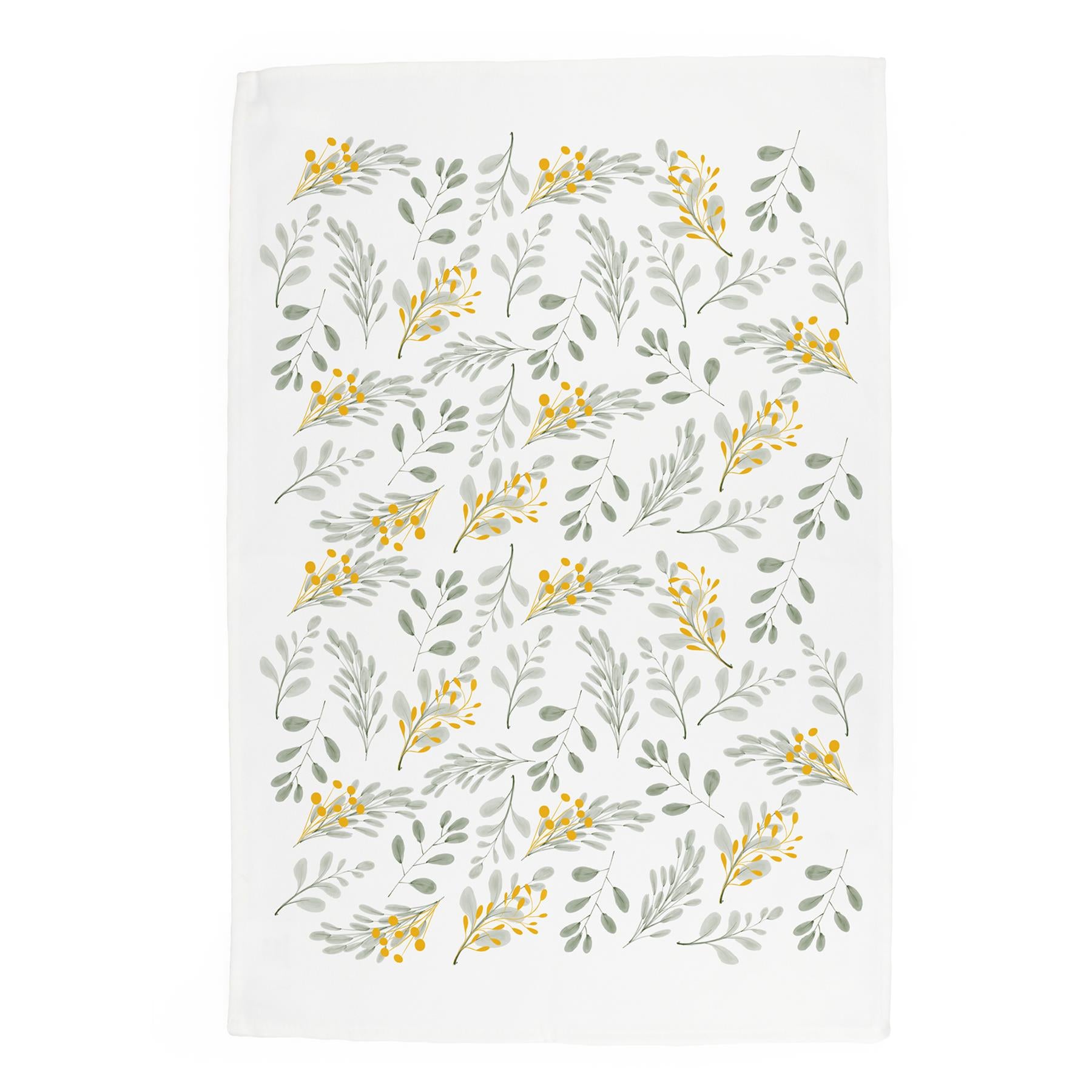 Muted illustrations of leaves printed onto an white panama cotton tea towel