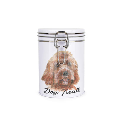 White tinplate canister with metal clip and lid featuring the face of a Labradoodle with the caption 'Dog Treats'