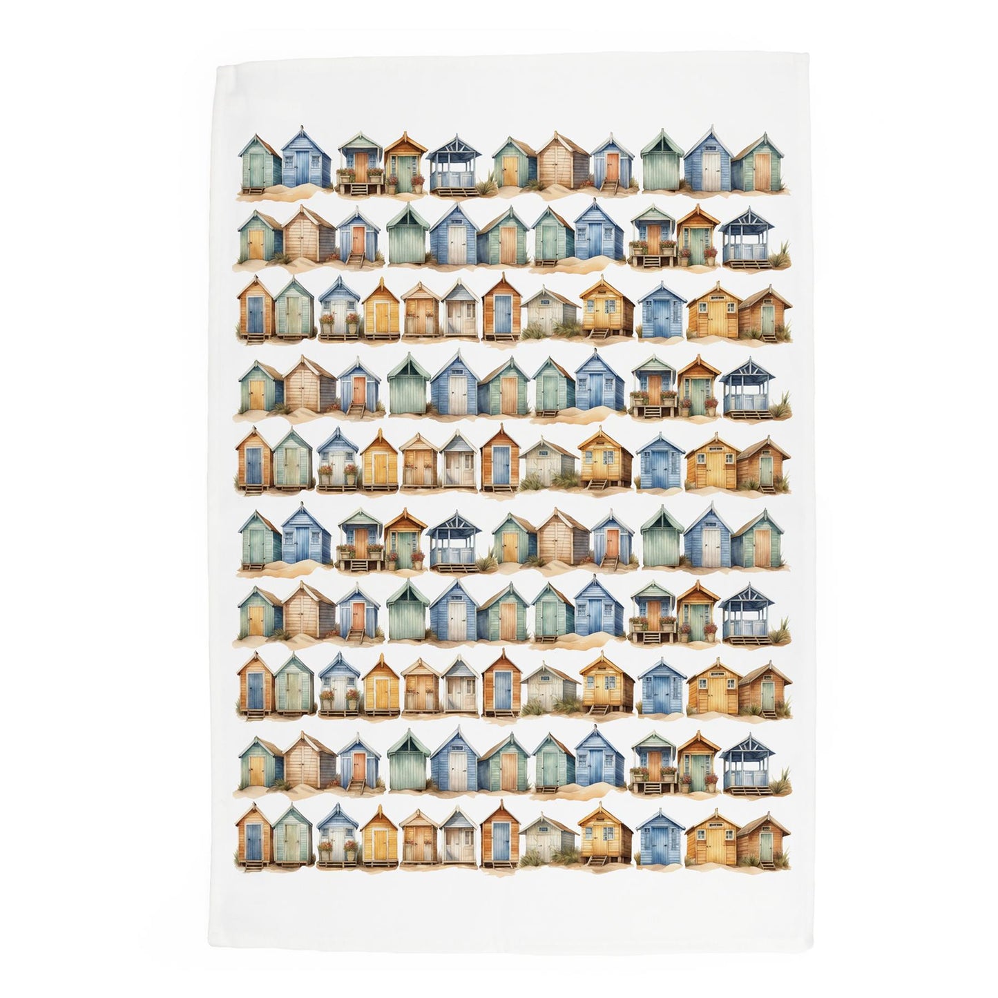 Watercolour design depicting  beach huts arranged into a grid like pattern printed onto a white cotton kitchen towel