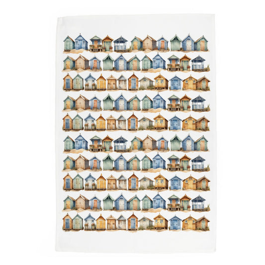 Watercolour design depicting  beach huts arranged into a grid like pattern printed onto a white cotton kitchen towel
