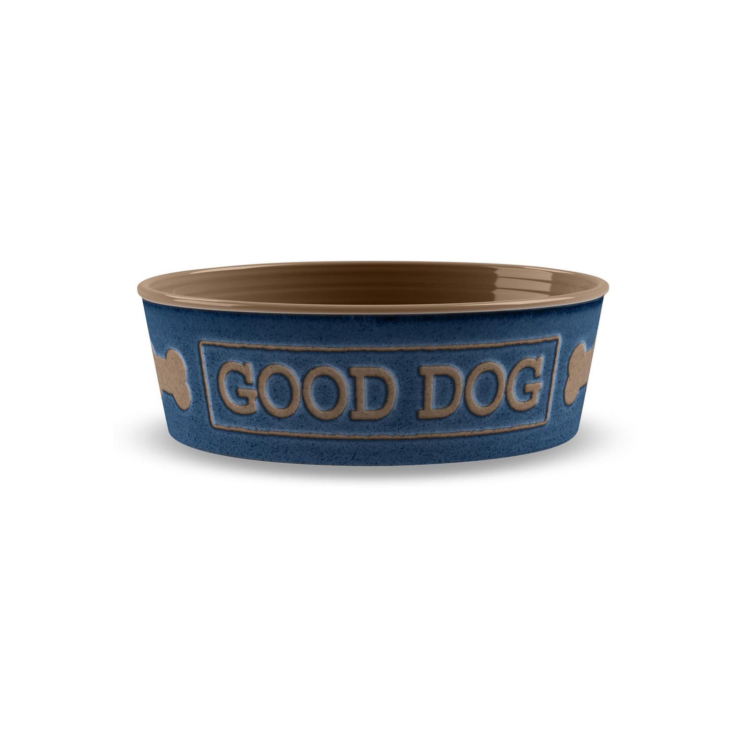 Lightweight melamine medium pet bowl with indigo bone print.