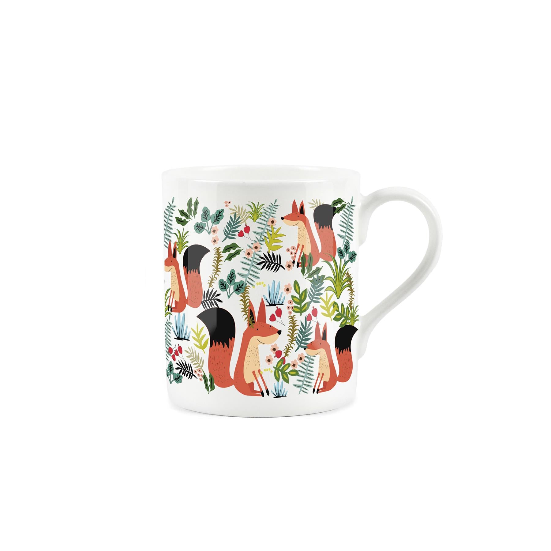 Cartoon fox & foliage pattern on white bone china coffee mug 